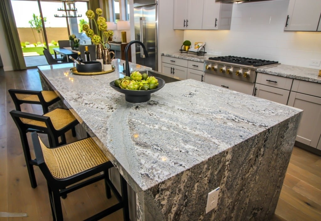 A custom-designed granite island blends modern and traditional elements