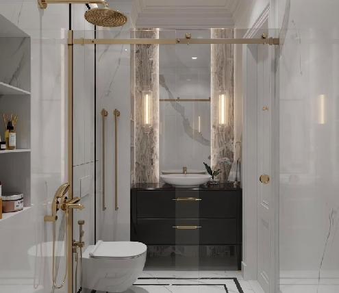 Bathroom renovation contractors installing luxury shower and modern vanity