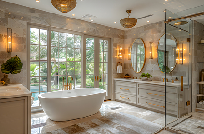 Custom bathroom vanities with double mirrors freestanding tub and luxury finishes