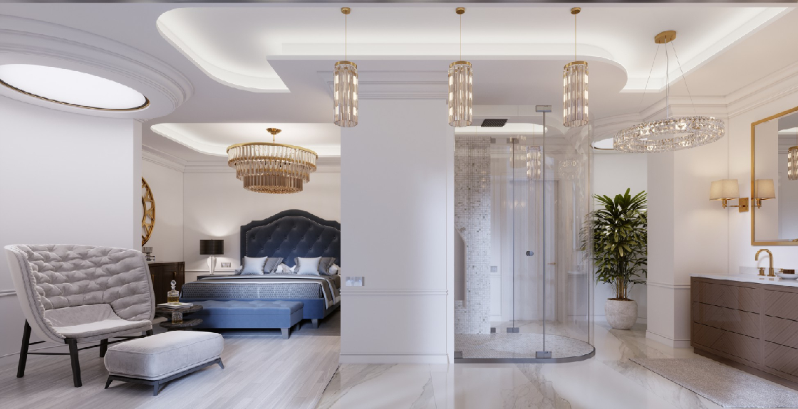 Luxury bathroom and bedroom open concept design with custom shower and vanity