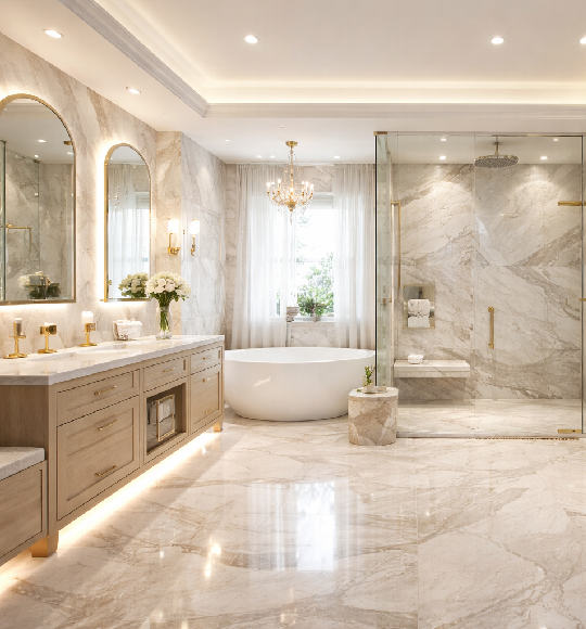 Luxury bathroom remodeling with marble finishes soaking tub and glass shower
