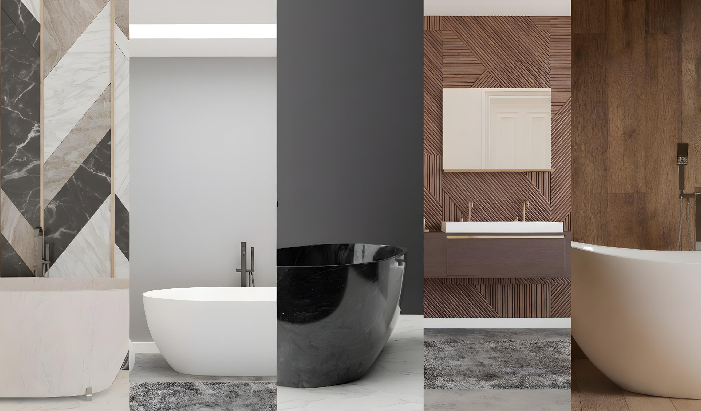 Luxury bathroom design with freestanding tubs wood wall finishes and modern style