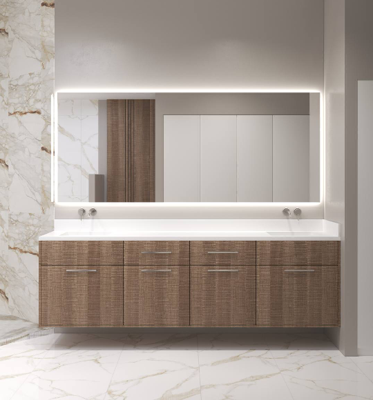 Modern bathroom vanity with wood cabinets, integrated sink, and illuminated mirror