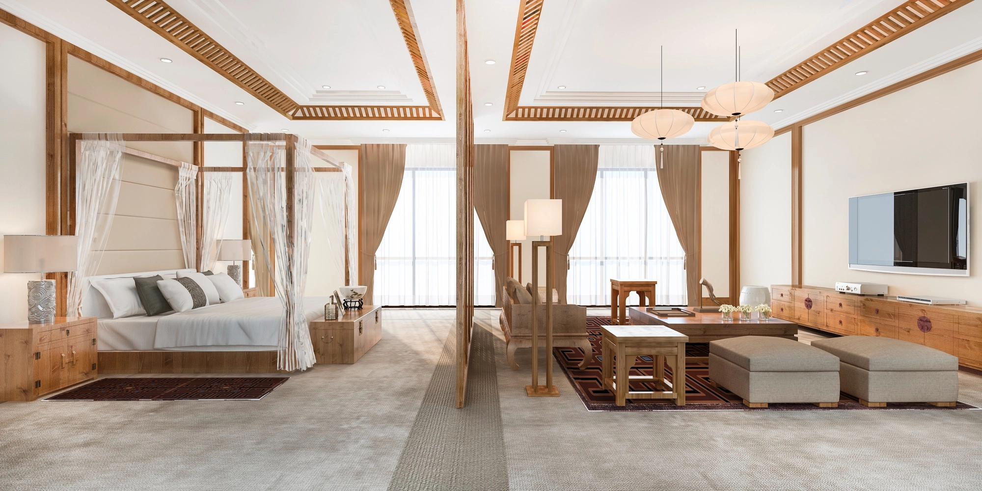 Luxury bedroom suite with custom wood interior design, canopy bed, seating area, and decorative ceiling details