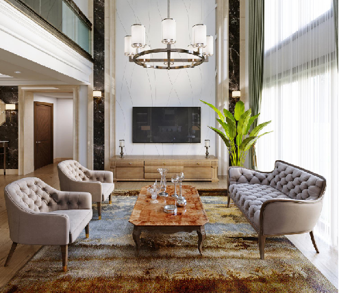 Luxury double-height living room with custom interior design, chandelier, tall windows, and upholstered seating