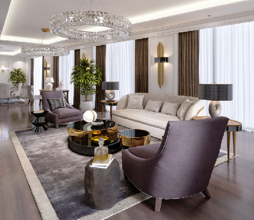 Luxury living room with custom interior design, crystal chandeliers, upholstered seating, and wood flooring