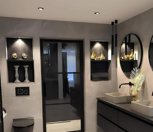 Modern bathroom with double vanity, round mirrors, wall-mounted faucets, and recessed shelving