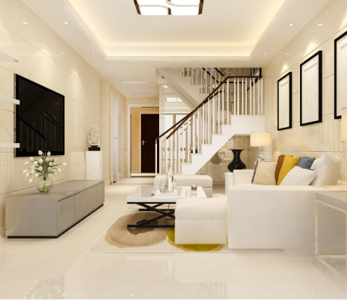 Modern living room with custom interior design, staircase, wall-mounted TV, and bright neutral finishes