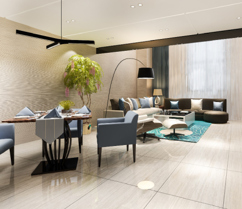 Modern open-concept living and dining area with custom furniture, wood finishes, and integrated lighting