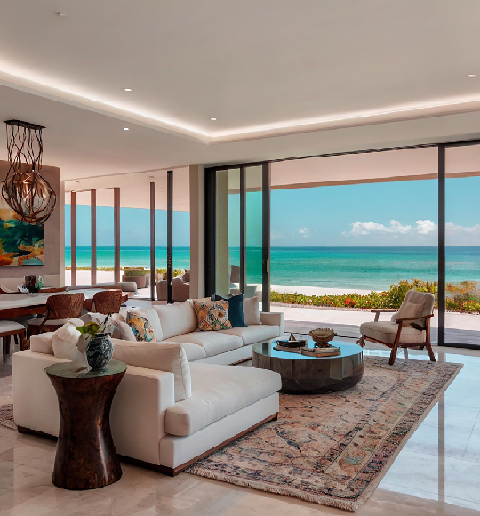 Waterfront home addition with open living room, sliding glass doors, and direct ocean view