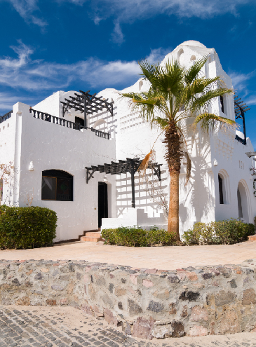 White Mediterranean-style home with a palm tree in front, black pergolas, and an exterior stone wall.